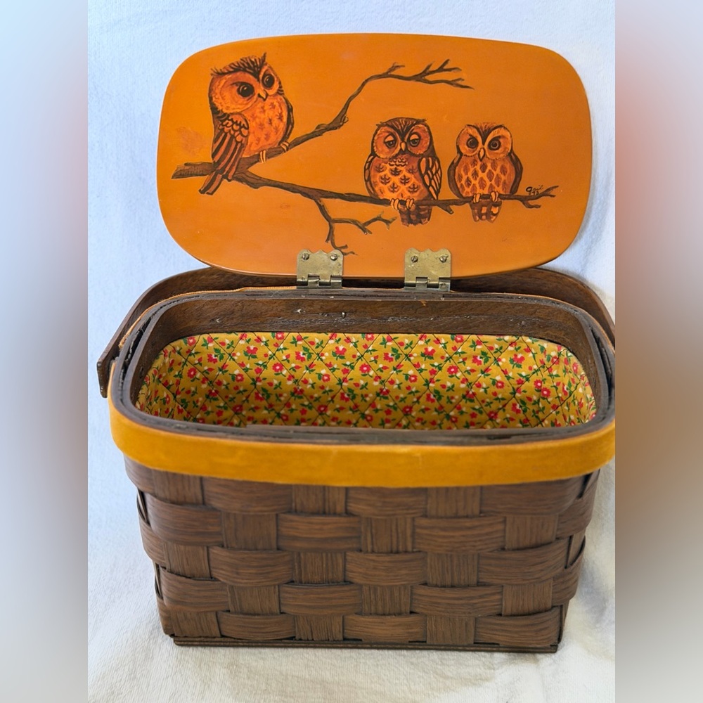 VTG Basketville Putney VT Woven Basket Purse, Hand Painted Owls Folkart Signed